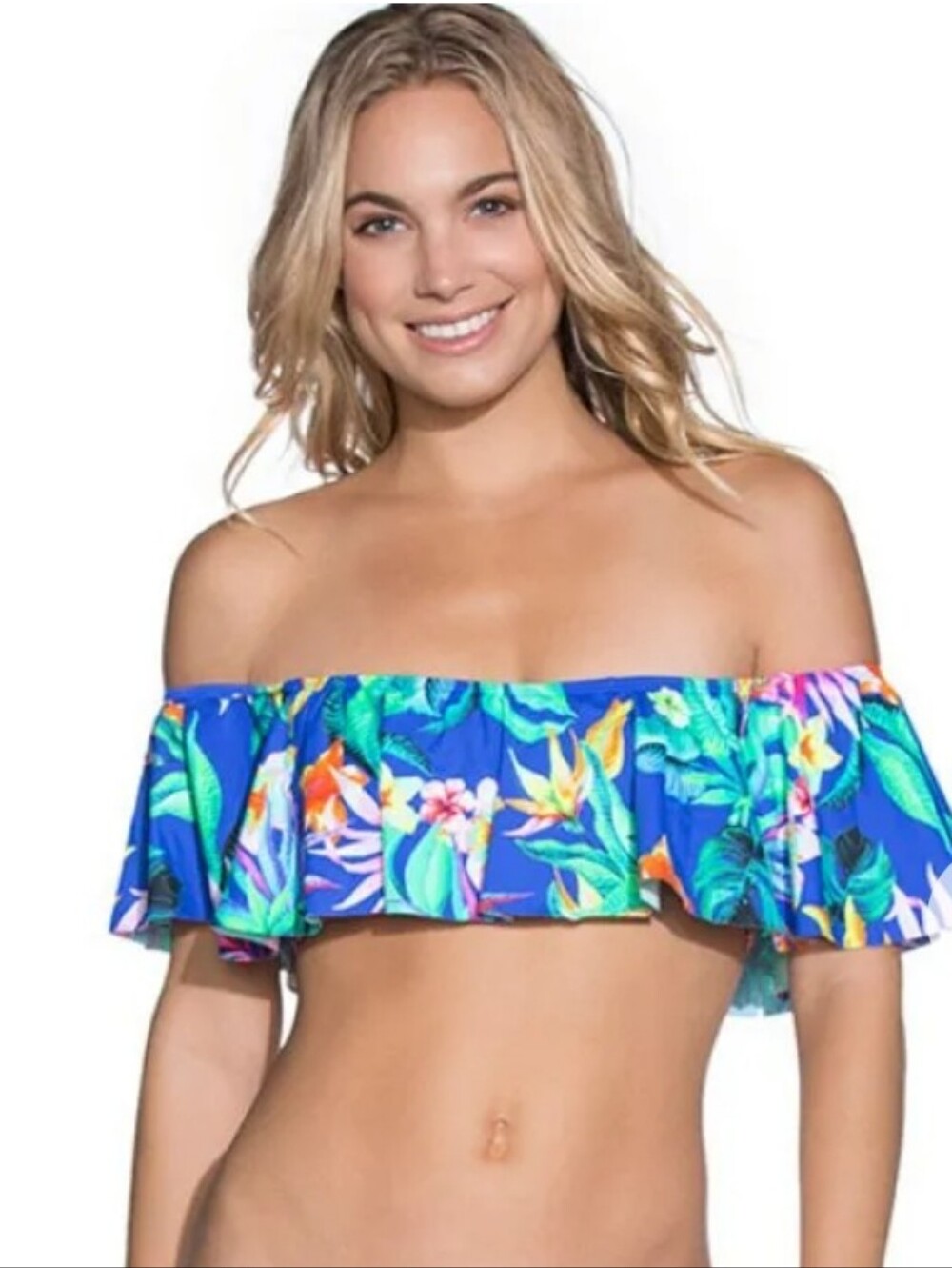 Maaji Blue Tropical Ruffle Off-Shoulder Crop Top New